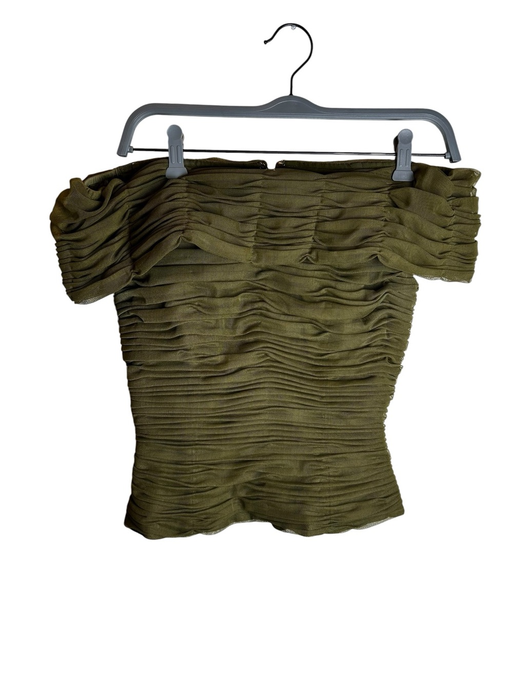 Vtg 90s Chetta B Sherrie Bloom Ruched Mesh Top Off Shoulder Olive Green 4